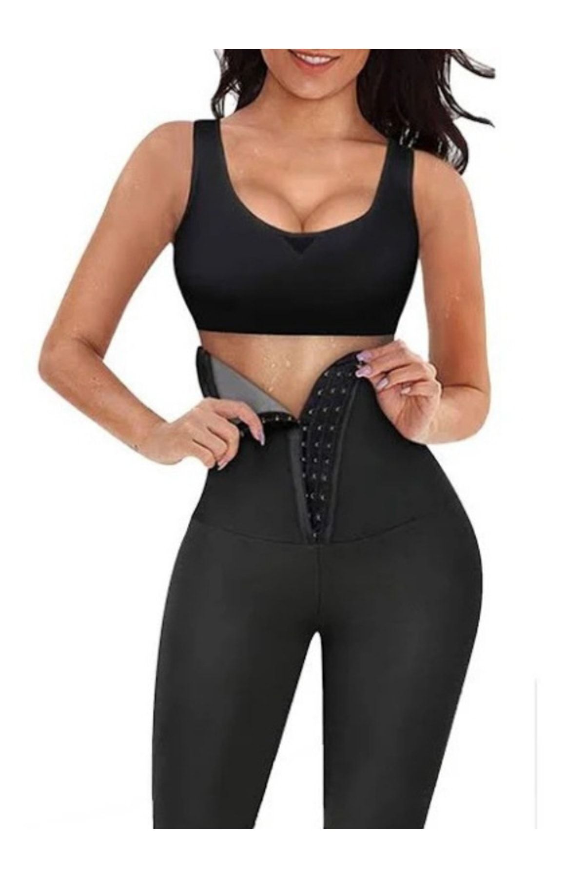 Büyük Beden Yüksek Bel Zayıflatan Agraflı Sauna Termal Tayt Korse Tayt