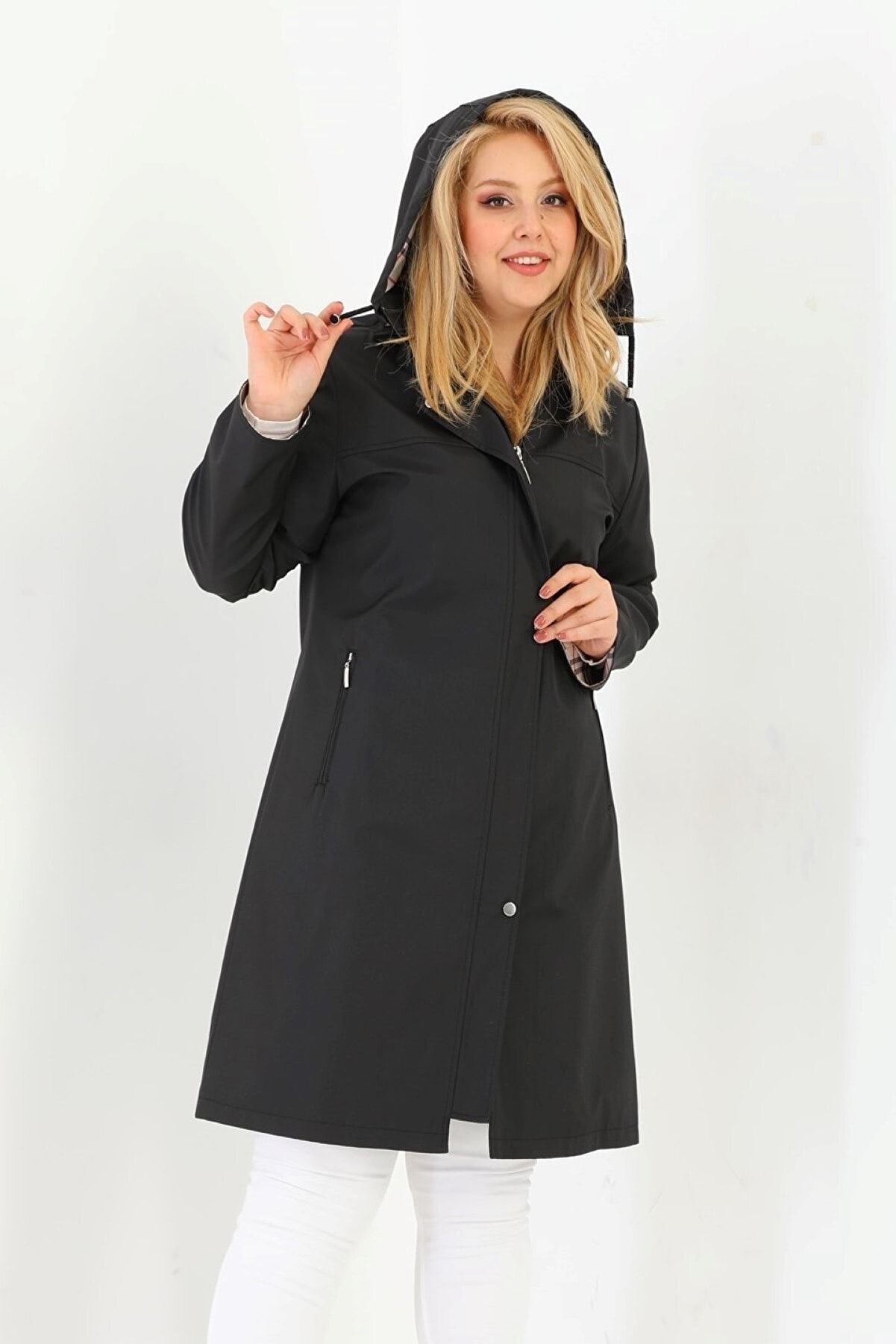 Suya Dayanıklı, Büyük Beden Trençkot, Kapüşonlu Trençkot, Bonded Kumaş, Ekoseli Trençkot, Siyah