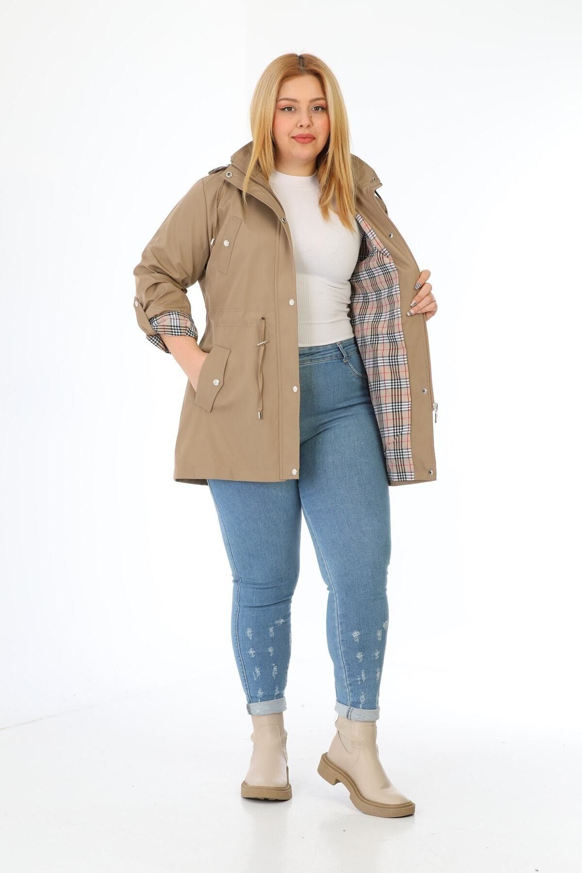 Kadın Suya Dayanıklı Büyük Beden Trençkot Kapüşonlu Ekoseli Vizon Trençkot Bonded Kumaş Trençkot