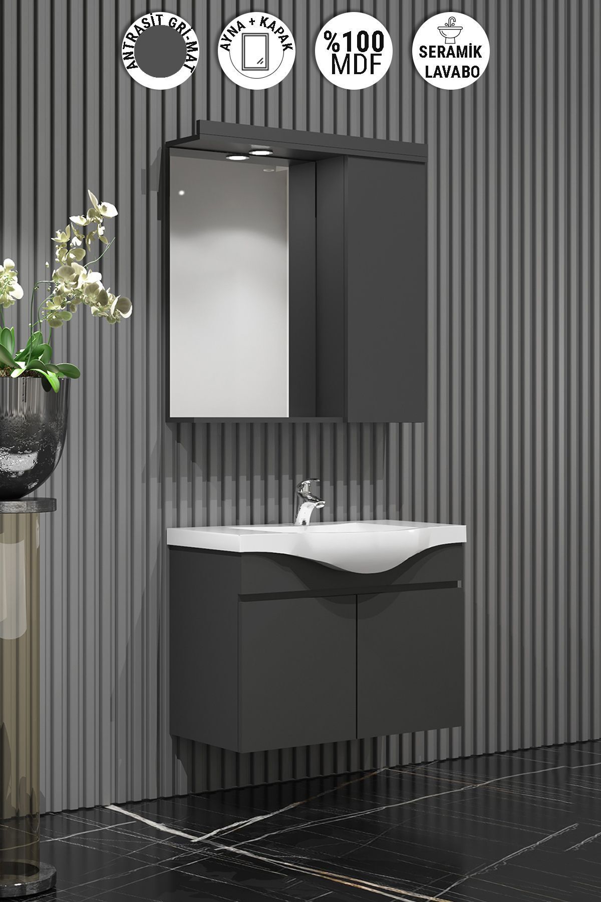 Yıldız 55 Cm Banyo Dolabı Takımı Antrasit Gri Mat Renkli Mdf Seramik Lavabolu Asma Dolap