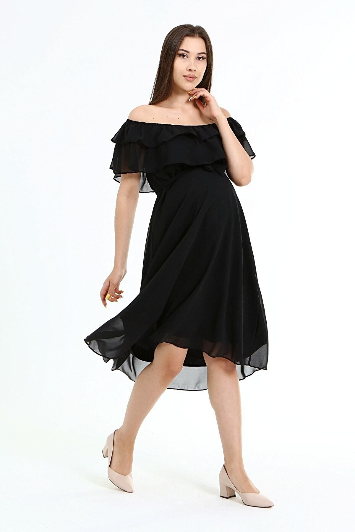 Yaka Şifon Siyah Elbise