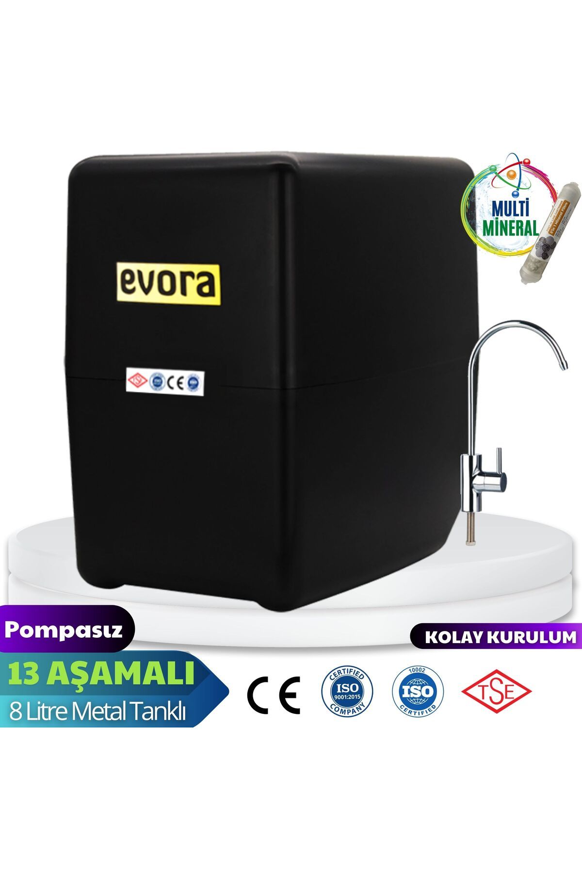 13 Aşamalı 8 Lt Çelik Tanklı Pompasız Multimineralli Su Arıtma Cihazı Premium Seri