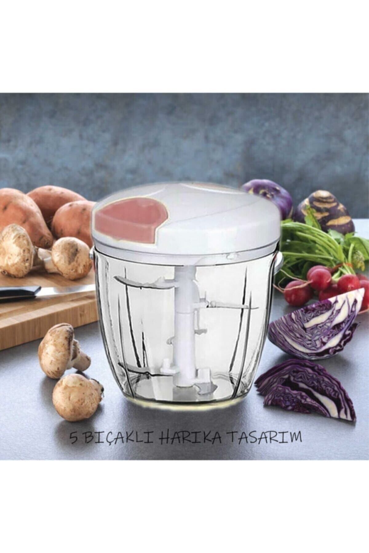 5 Bıçaklı Ipli El Rondosu Büyük Boy Sebze Doğrayıcı 1000ml Soğan Sebze Kesme