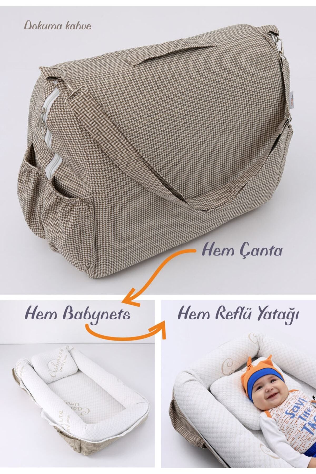Umay Çantalı Taşınabilir Reflü Yatağı, Babynest, Anne Çantası - Dokuma Kahve