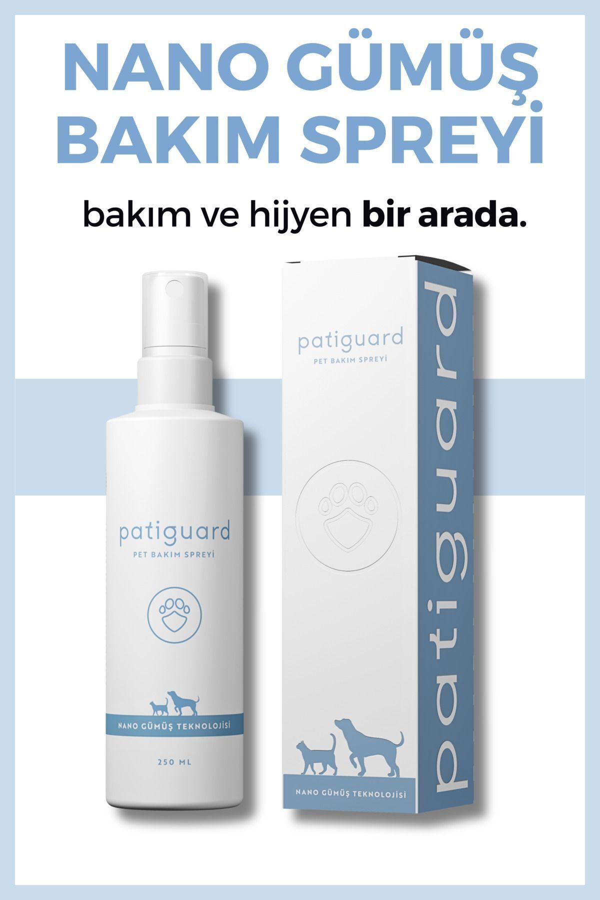 Pet Hijyen Bakım Spreyi 250 ml Nano Gümüş Evcil Hayvan Kedi Köpek Temizleme Pati Tüy Kulak Ağız Göz