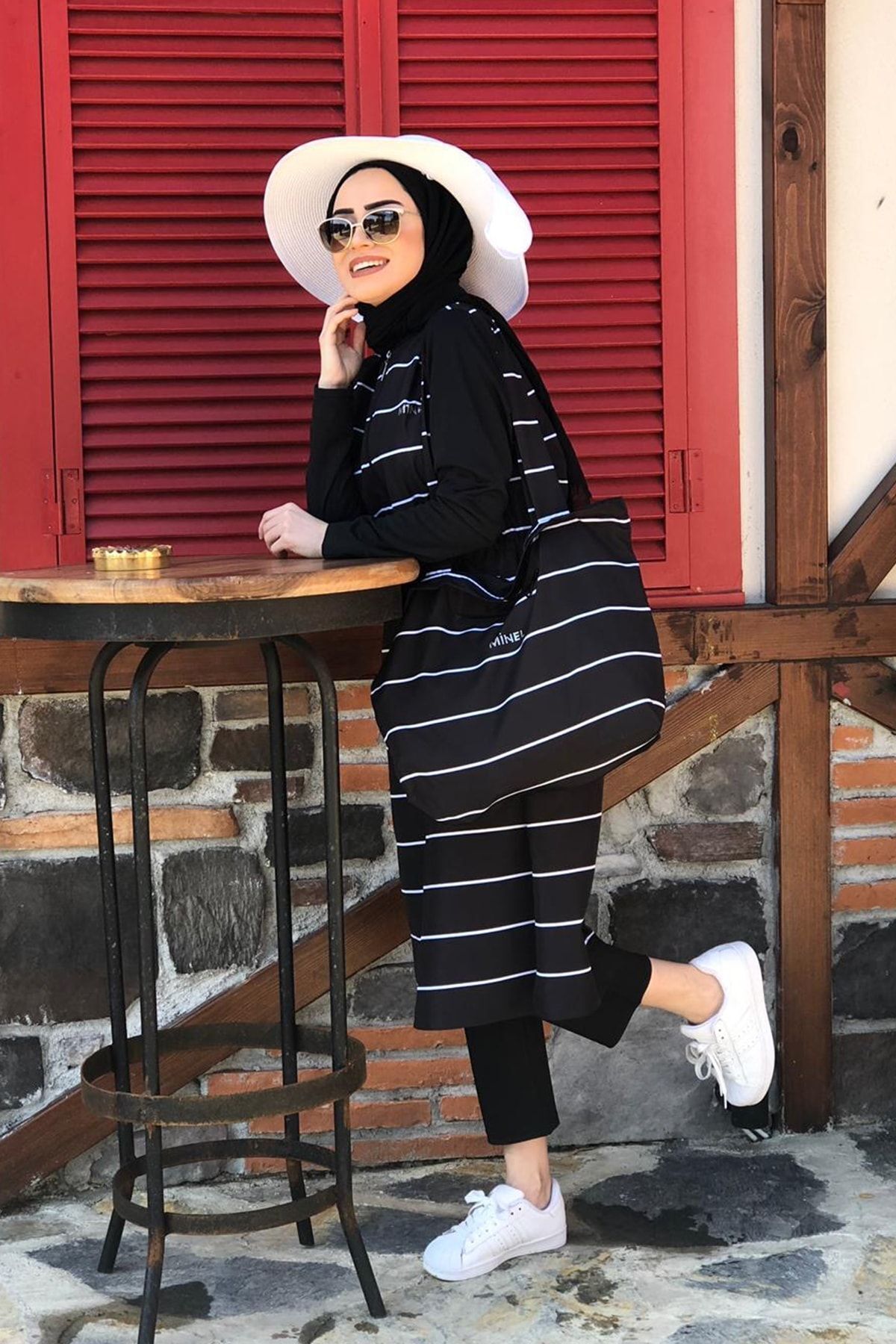 Kadın Siyah Çizgili Tam Kapalı Tesettür Mayo 2'li Set
