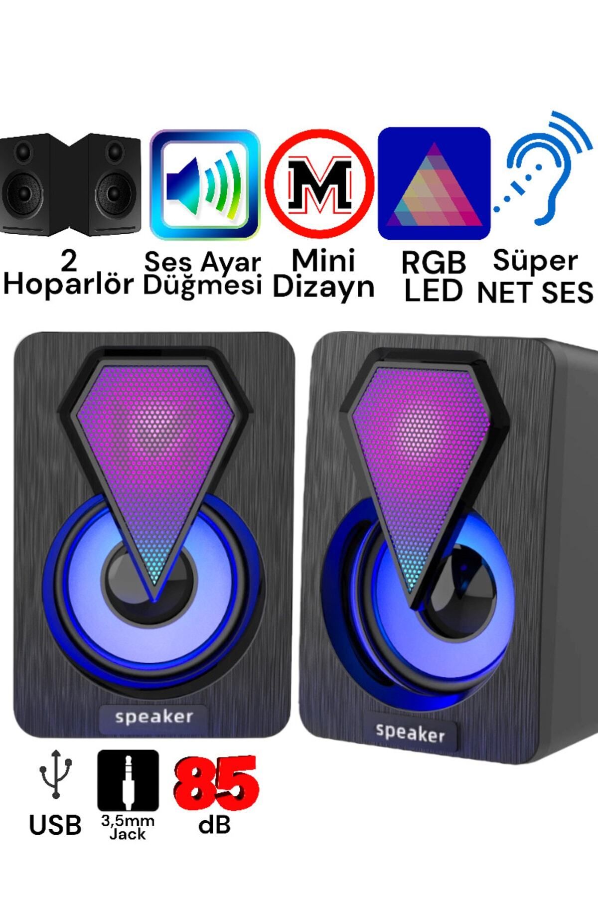 Bilgisayar Hoparlörü Rgb Led Işıklı Gaming Oyuncu Hoparlörü 3.5mm Jack Usb Speaker 1+1 Ses Sistemi
