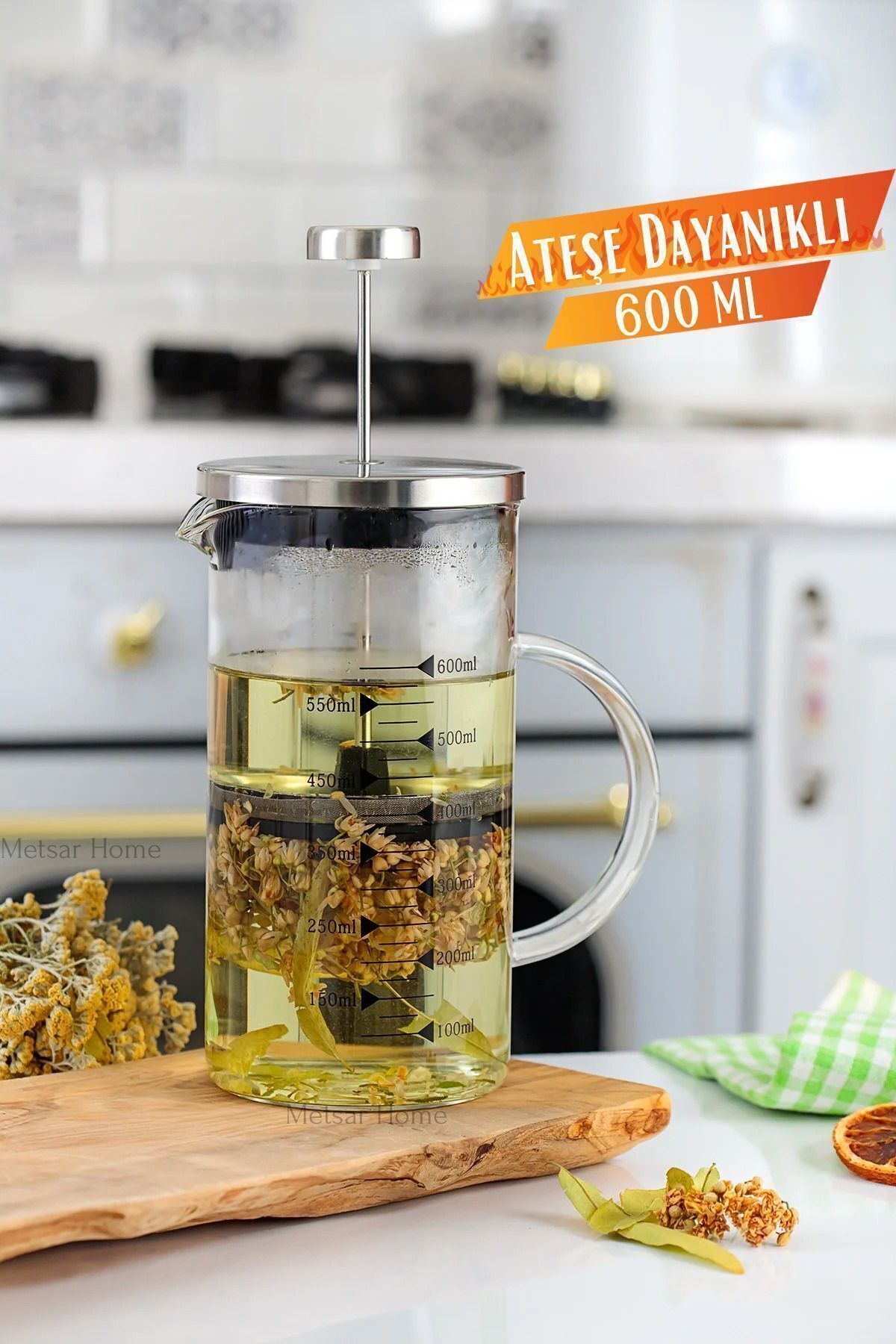 600ml 3 Ü 1 Arada (ATEŞE-ISIYA DAYANIKLI) French Press, Ölçü Kabı, Demlik