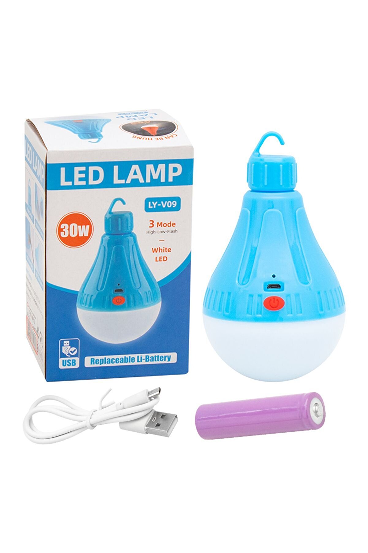 Şarjlı,Çakarlı,Kancalı 30 watt 3 Mod'lu Led Ampul Kamp Lambası Şarjlı Acil Durum Lambası