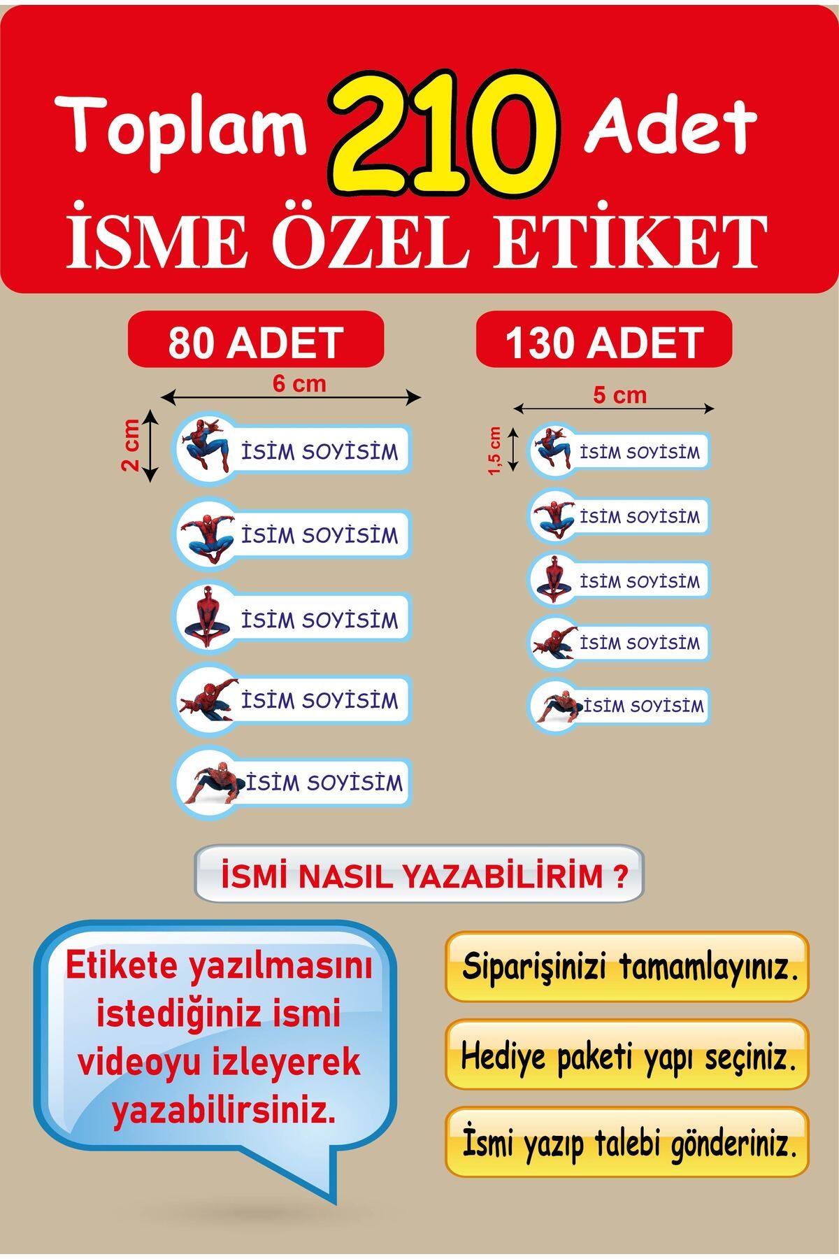 210 Adet Örümcek Adam Okul Etiketi Kalem Etiketi Defter Etiketi Kişiye Özel Isim Yazılabilen Etiket