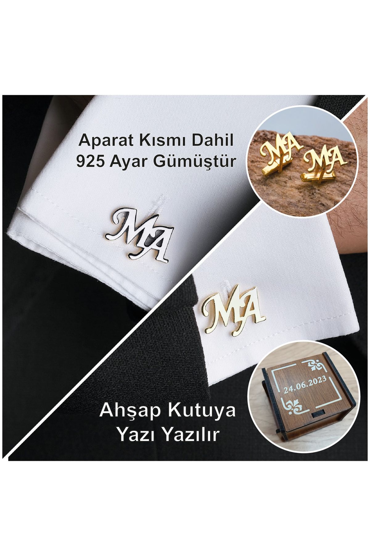 925 Ayar Gümüş 2 Harfli Kol Düğmesi Altın Kaplama Damat Hediyesi Kişiye Özel