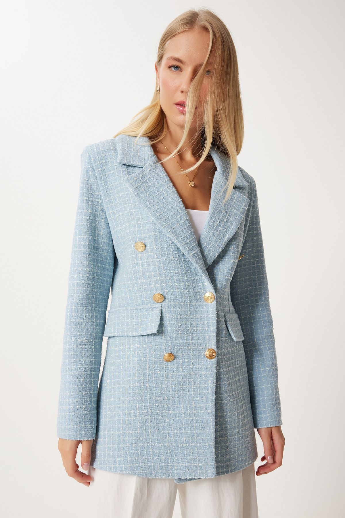 Kadın Gök Mavi Dügmeli Blazer Tüvit Ceket WF00004