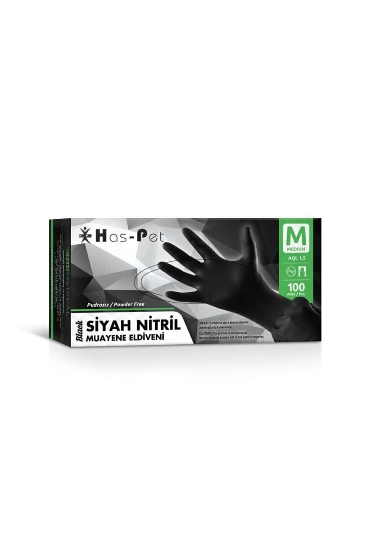 Haspet Siyah Nitril Pudrasız Muayene Eldiveni 100 Adet ( Medium )
