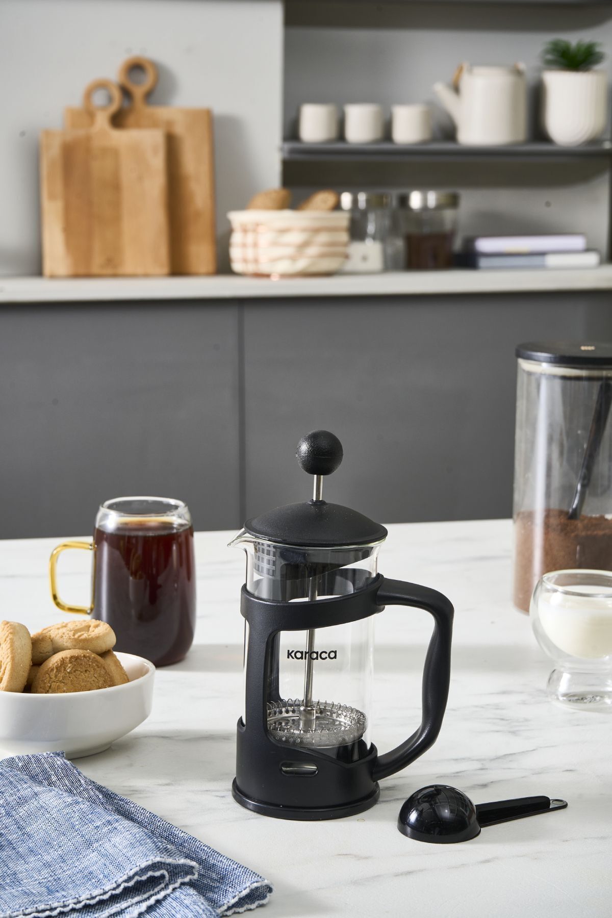 Coffee Bean Kaşık Hediyeli Borosilikat Cam French Press 350 ml Siyah
