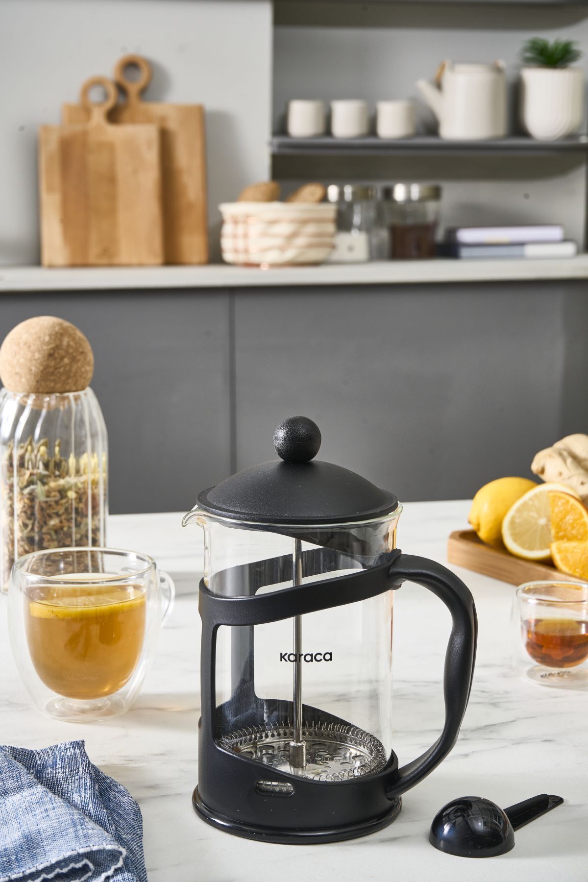 Coffee Bean Kaşık Hediyeli Borosilikat Cam Siyah French Press 800 Ml