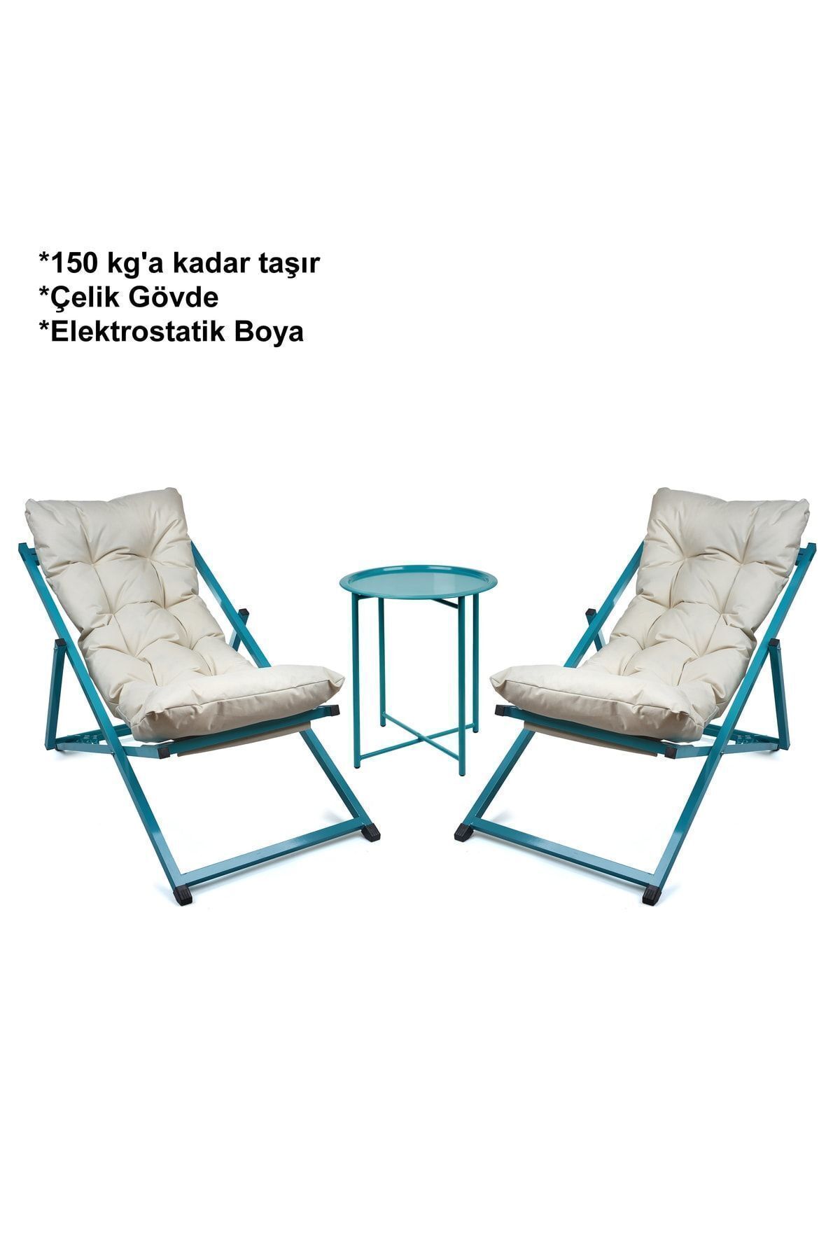 Minderli - Zetas Şezlong Seti Bahçe&balkon&teras&plaj Katlanır Ikili Set - 2 Şezlong 1 Sehpa