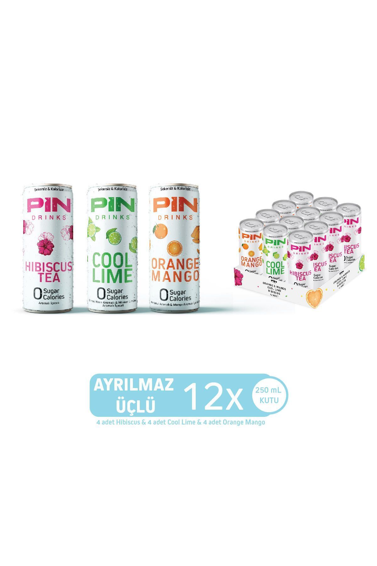 Ayrılmaz Üçlü - Hibiskus & Cool Lime & Orange Mango - Şekersiz & Kalorisiz 250 ml X 12 Adet Ice Tea