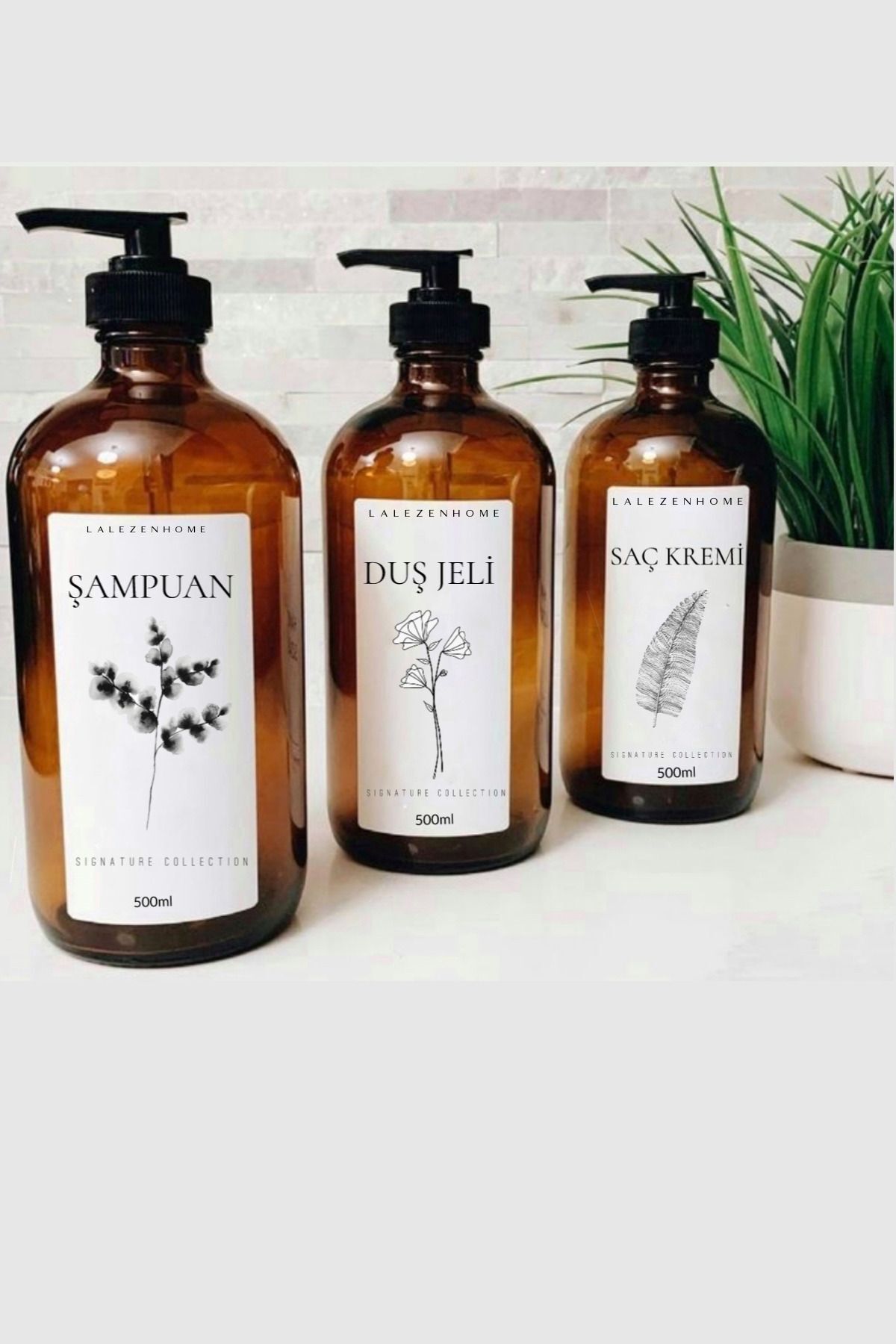 3lu Amber Çiçekli Şampuan Duş Jeli Ve Saç Kremi Etiketli Plastik Şişe 500 Ml