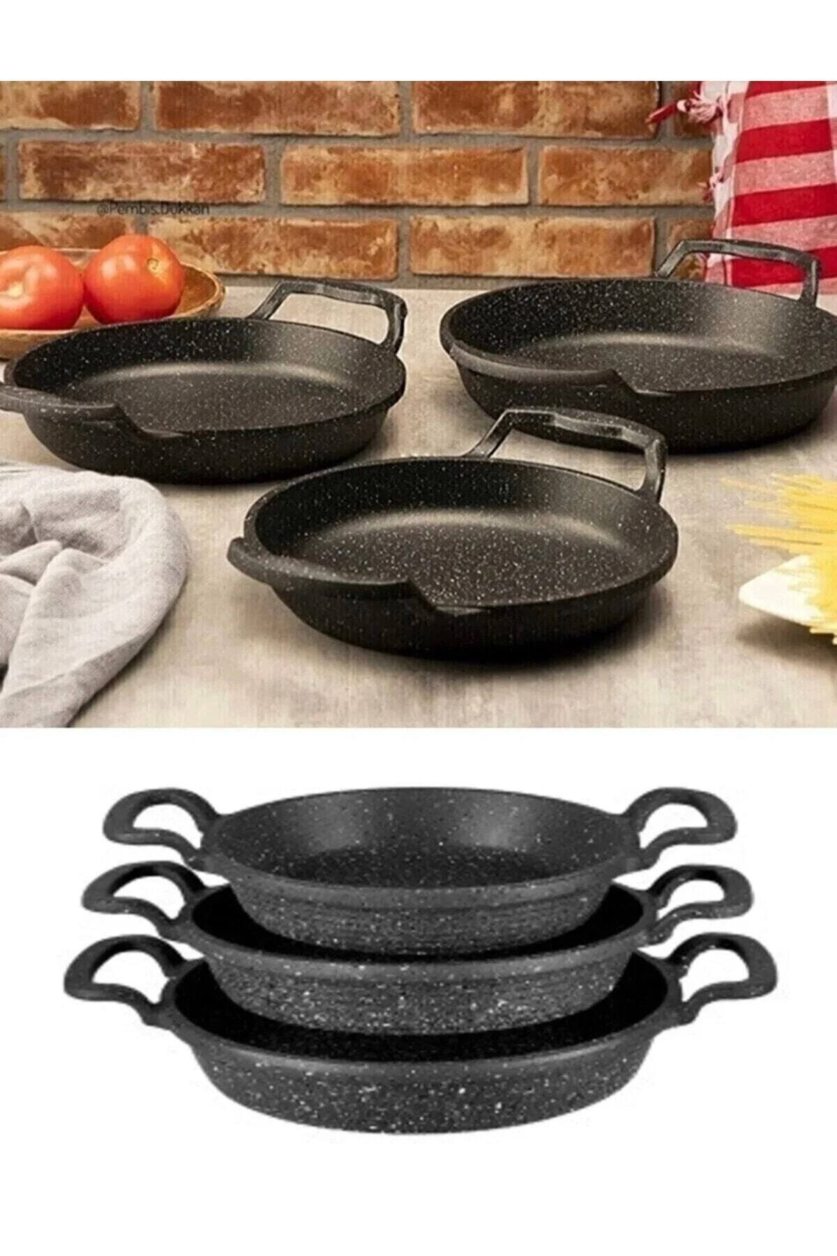 3 Lü Döküm Granit Sahan Seti Tava Seti 18/20/22 Cm