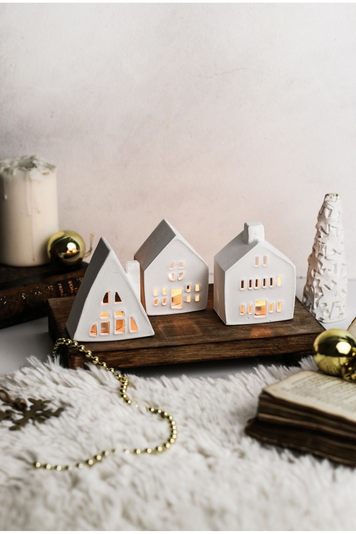 3lü Ev Mumluk Dekoratif Beton Mumluk Tealight Mumlar Dahildir