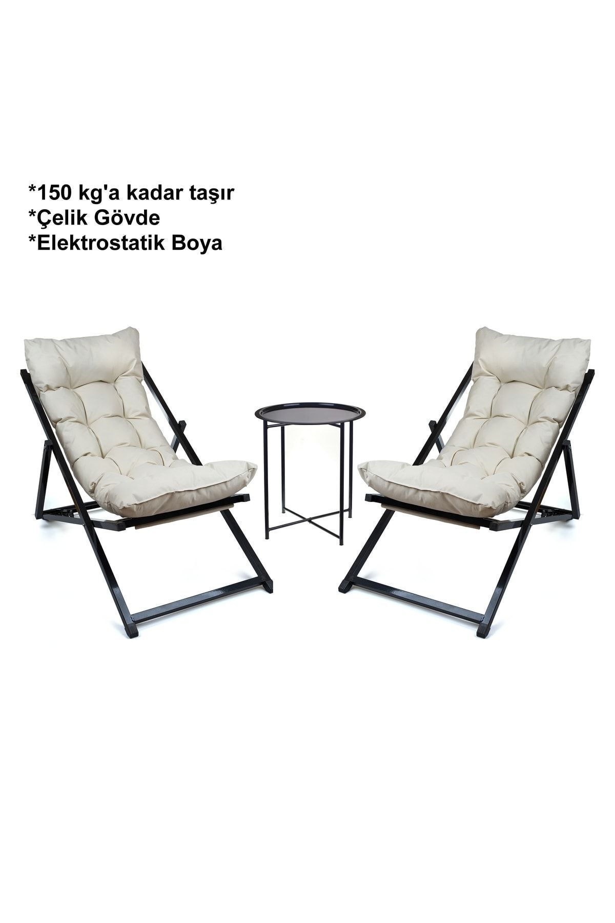 Minderli - Zetas Şezlong Seti Bahçe&balkon&teras&plaj Katlanır Ikili Set - 2 Şezlong 1 Sehpa