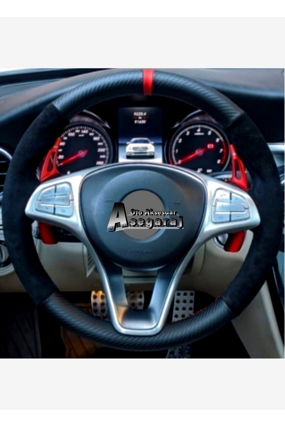 Volkwagen Araçlara Uyumlu Dikmeli Direksiyon Kılıfı Alkantara Karbon Kırmızı Yüzüklü (38×10.5cm)