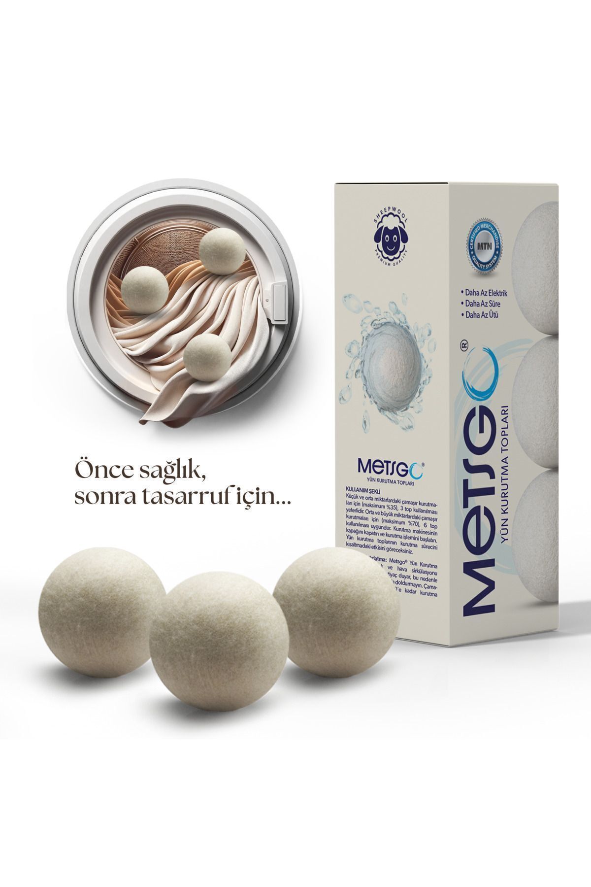 Metsgo ( 3 Adet ) Yün Kurutma Topu - Doğal Yumuşatıcı - Kırışık Giderici - Kurutma Makinesi Için