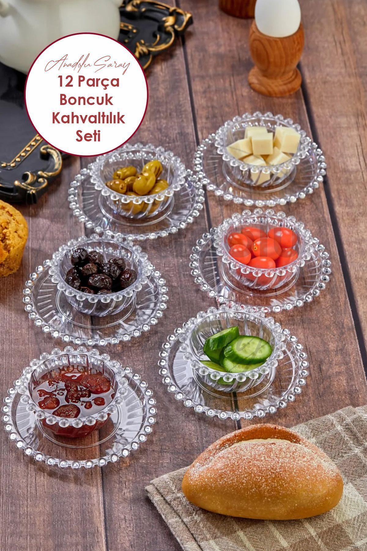 Şeffaf Akrilik 12 Parça Boncuk Kahvaltılık Seti Şekerlik Sosluk Reçellik Seti Çay Bardağı Altığı