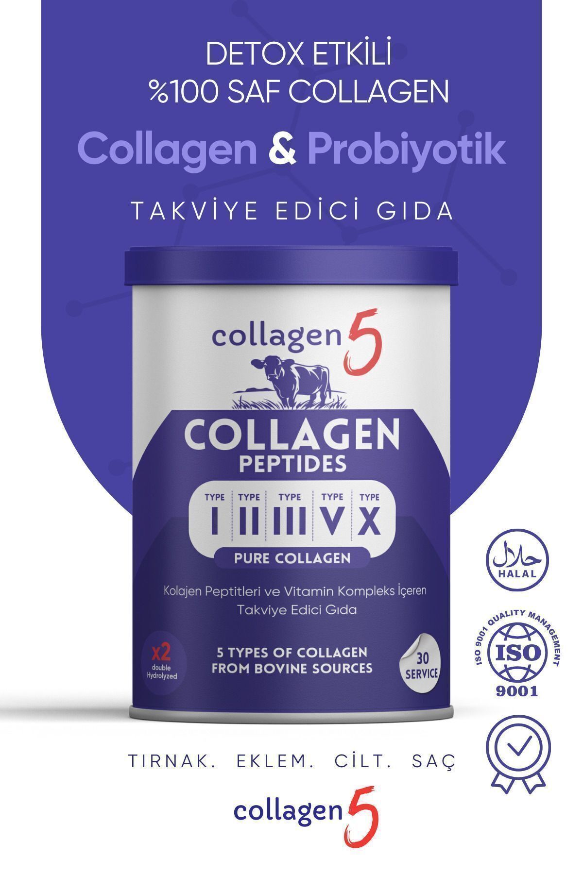 Collagen %100 Saf Ve Doğal Yüksek Biyoaktif Çift Hidrolize Kolajen Peptit Diyet Takviyesi 30 Günlük