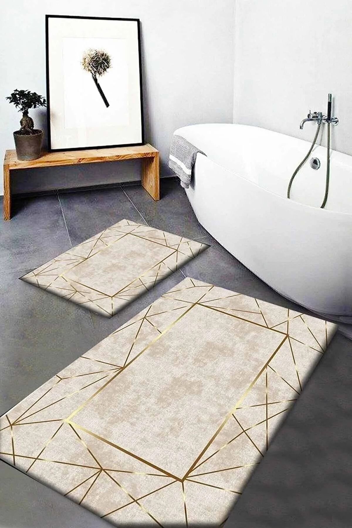 Soho Sarı Kahve Mermer Desenli Yıkanabilir Kaymaz Taban 2li Banyo Halısı Paspas Klozet Takımı