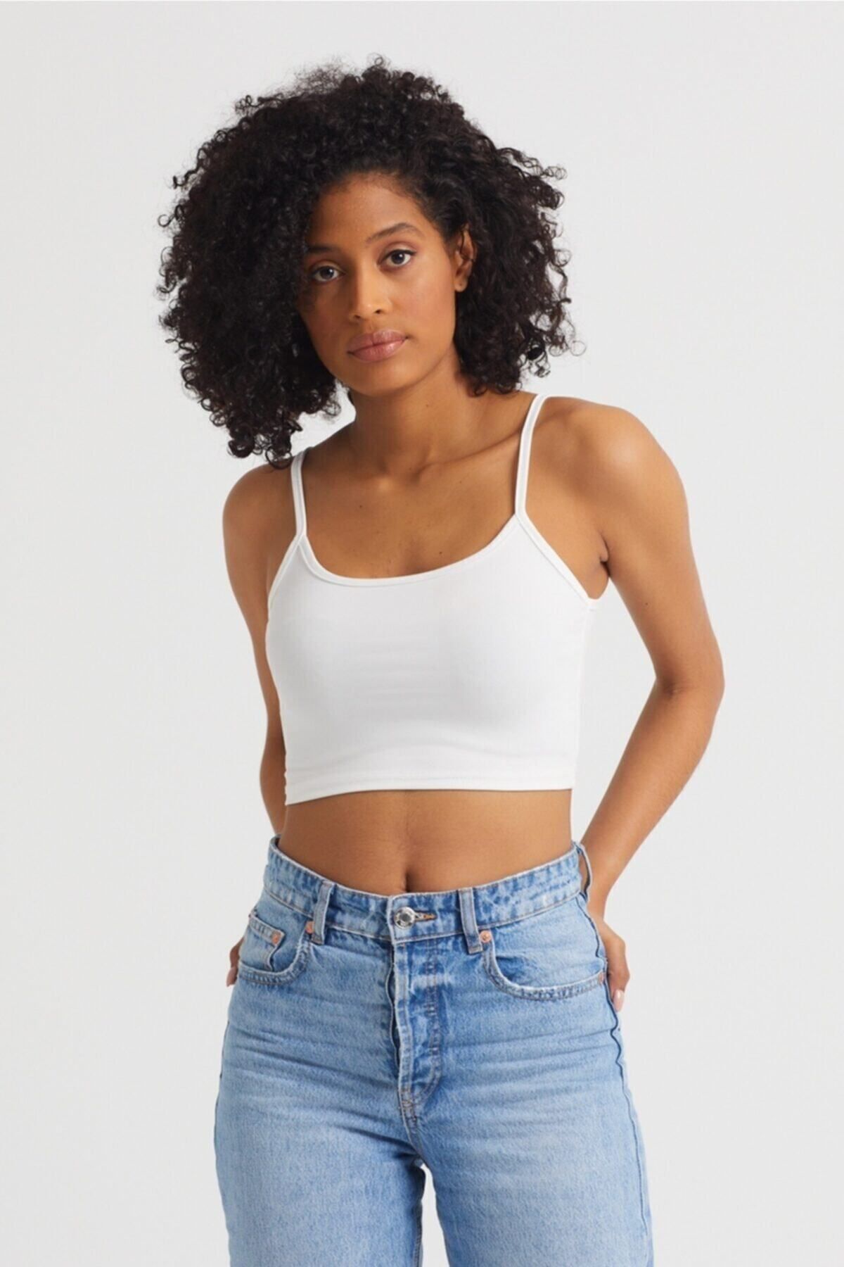 Kadın Ekru Scuba Kumaş İp Askılı Crop Top