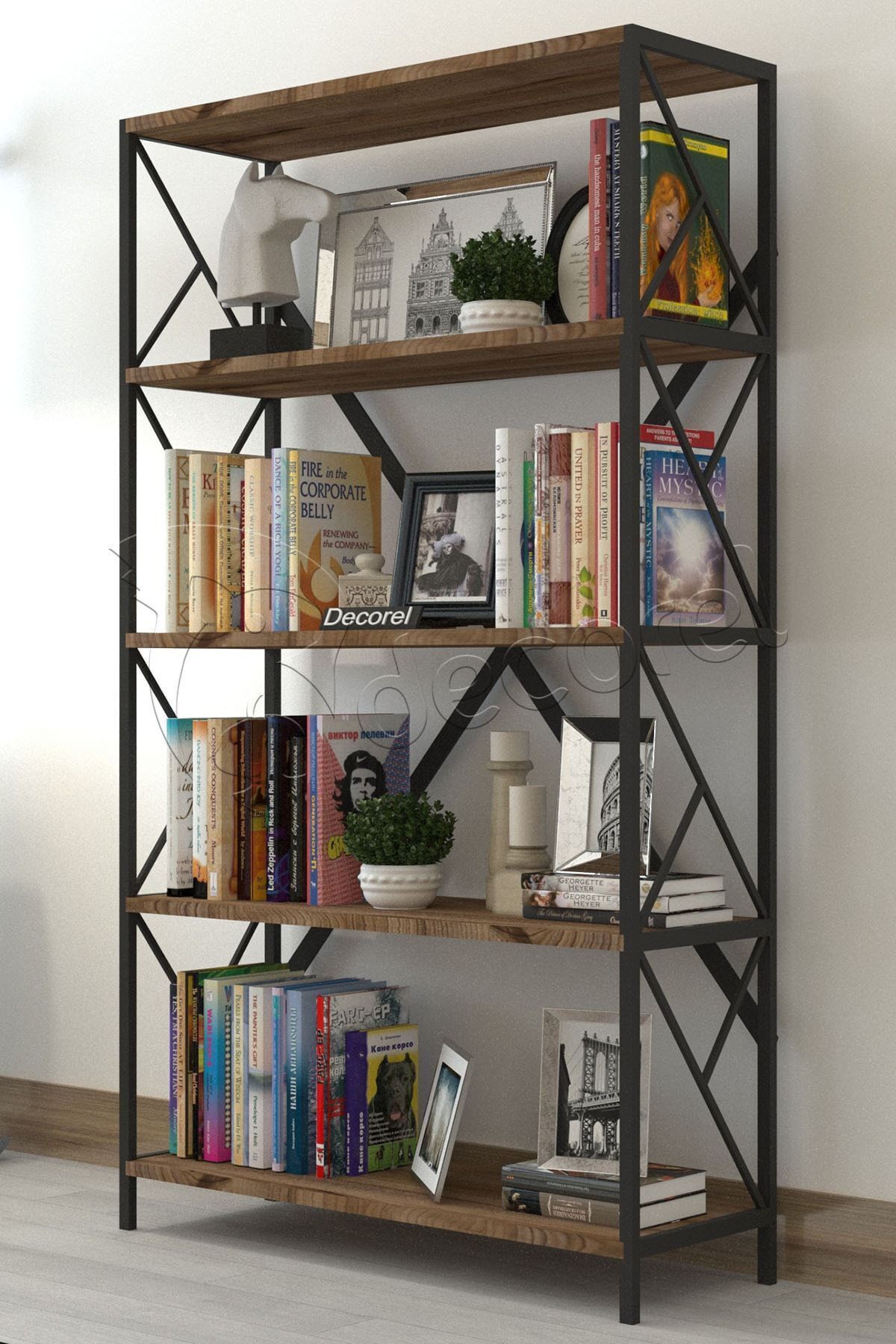 Aural Dekoratif 5 Raf Kitaplık Metal Kitaplık Dosya Kitap Raf Ofis Salon Raf 90x180cm Ceviz