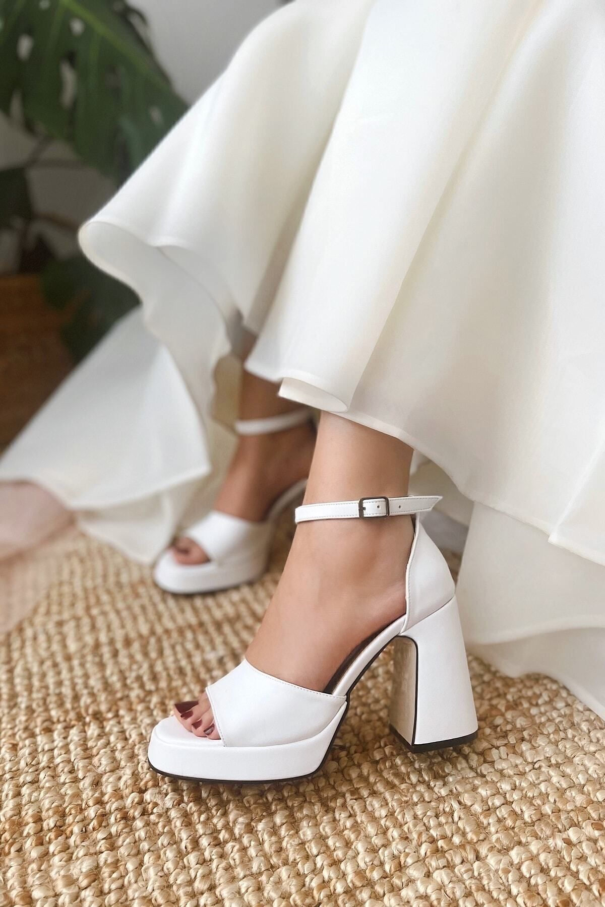 Kadın Bride Gelin Nikah Düğün Ayakkabısı Mat Deri Platformlu Tek Bant Yüksek Topuklu Ayakkabı
