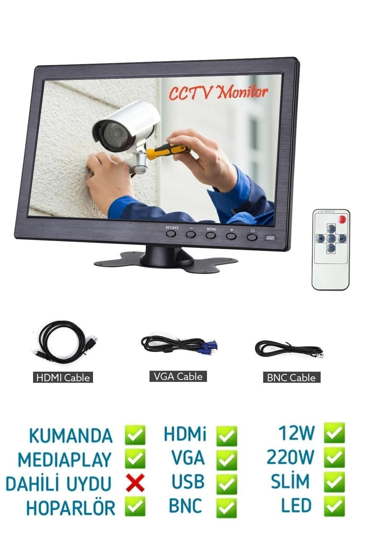 10 Inç Araç Ve Televizyon Lcd Bilgisayar Monitör Hdmı Vga Girişli Ekran