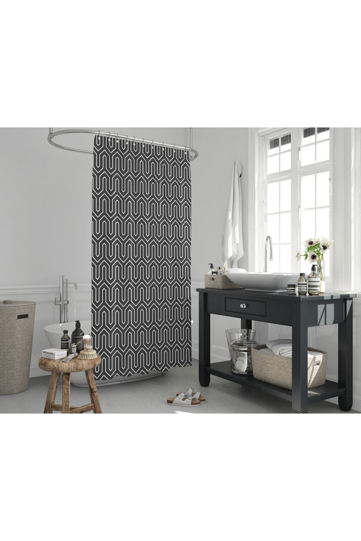 Siyah Banyo Perdesi-tek Kanat Banyo Dekorasyon Ürünü Duş Perdesi, Lüks Duşakabin Perdesi Ethnic