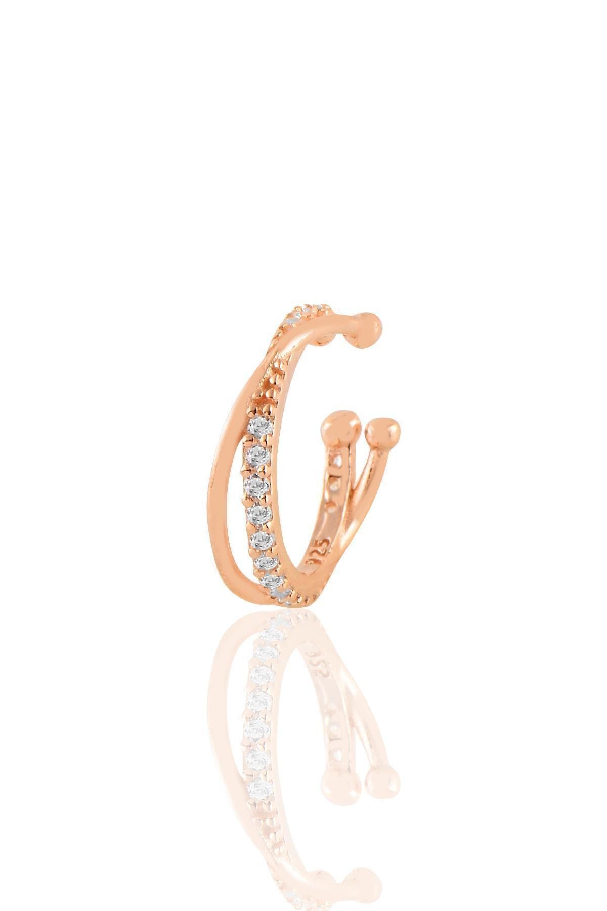 Gümüş Rose Zirkon Taşlı Iki Sıra Görünümlü Sıkıştırmalı Tekli Kıkırdak Küpe Sgtl11234rose