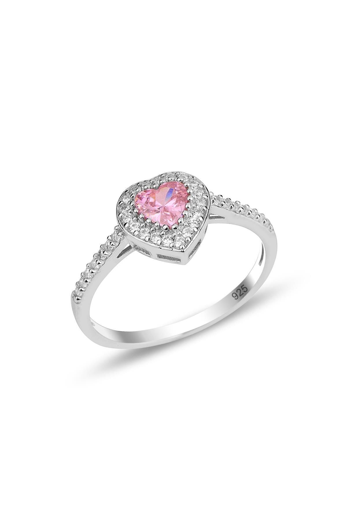 Gümüş Rodyumlu Pırlanta Modeli Pembe Taşlı Kalp Yüzük Sgtl11603