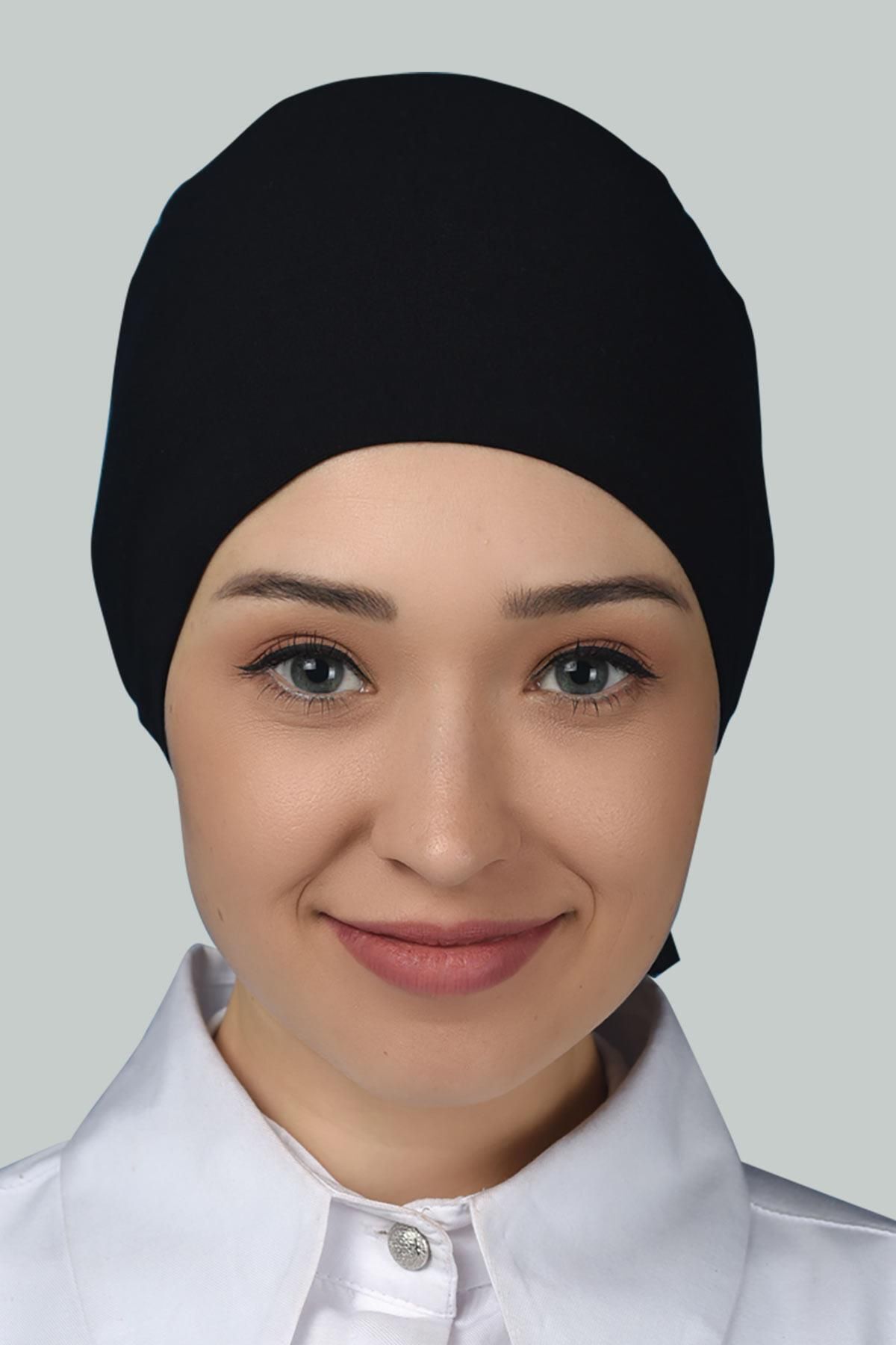 Kadın Pratik Dikişsiz Bağcıklı Kaymayan Tesettür Penye Bone Siyah