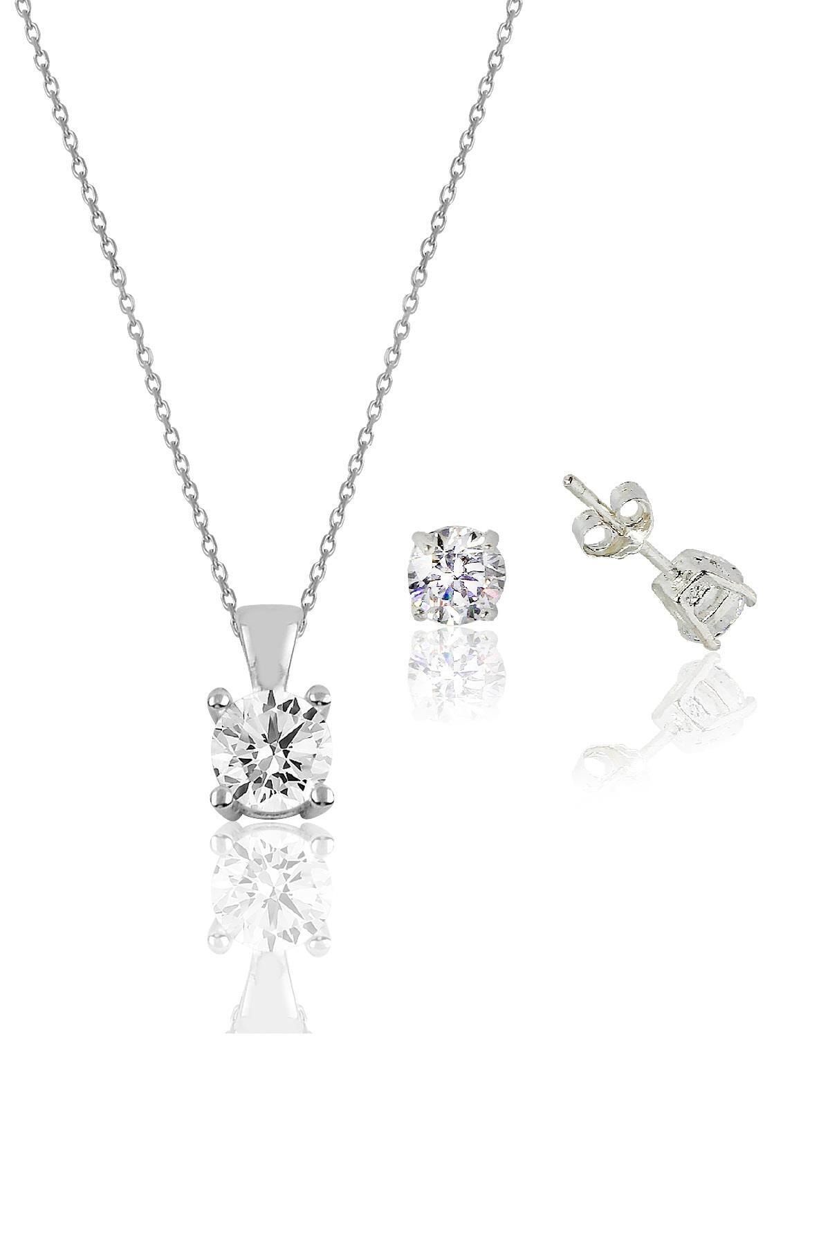 Gümüş Rodyumlu Tek Taş Kolye Ve Küpe Gümüş Set Sgtl10592rodaj