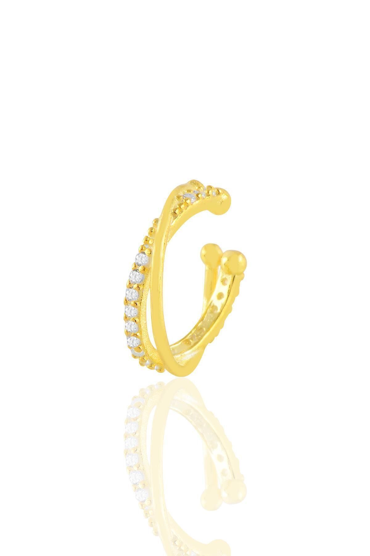 Gümüş Altın Zirkon Taşlı Yaldızlı Iki Sıra Görünümlü Sıkıştırmalı Tekli Kıkırdak Küpe Sgtl11234gold