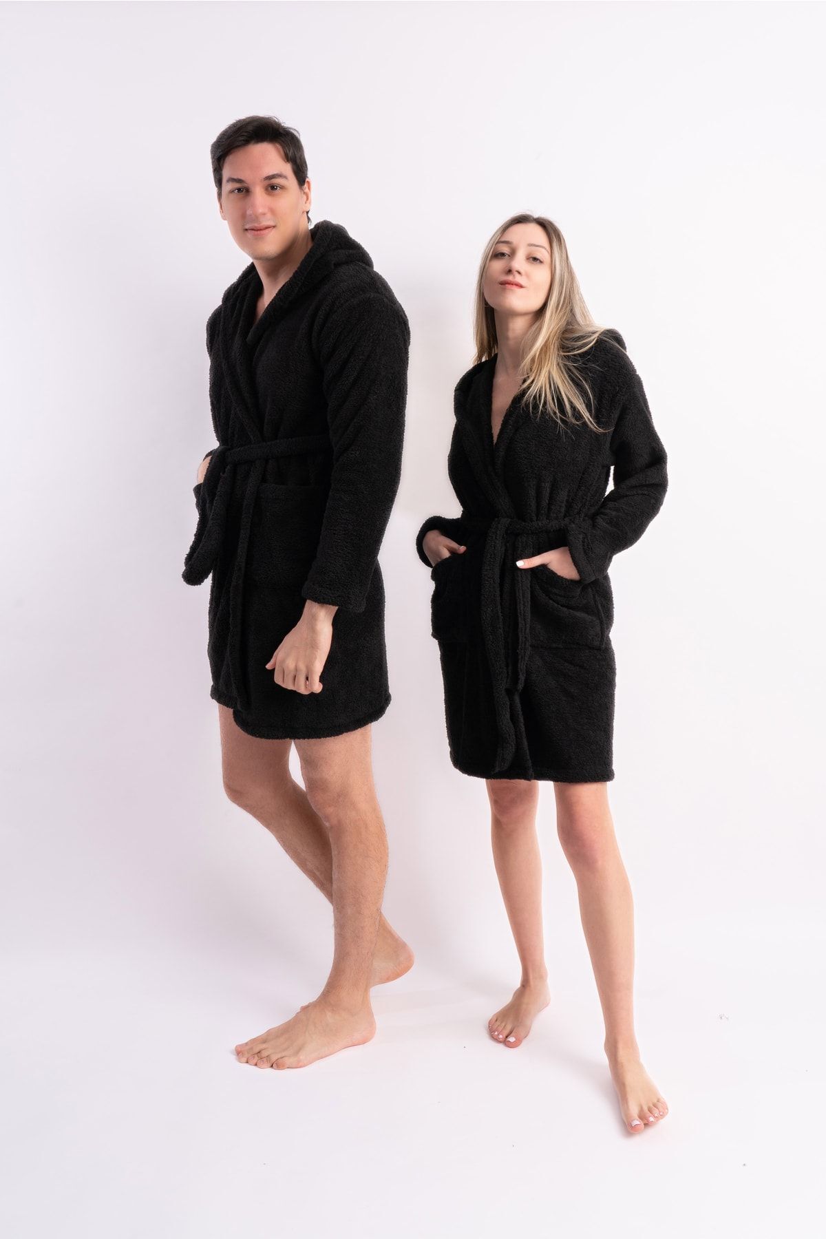 Siyah Kapüşonlu Welsoft Peluş Unisex Sabahlık