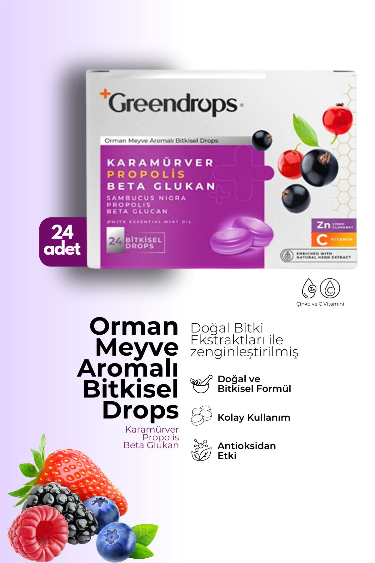 Bitkisel Drops Boğaz Pastili - Orman Meyve Aromalı - Kara Mürver, Propolis, Beta Glukan