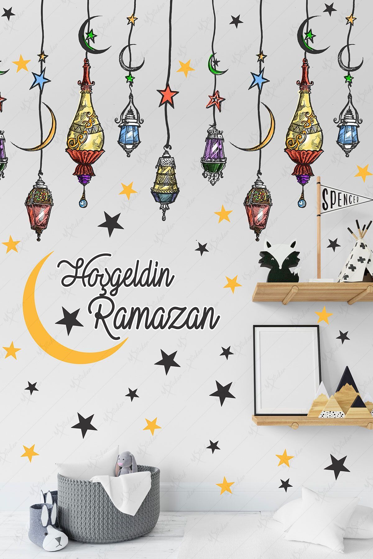 Hoşgeldin Ramazan Renkli Fener Sarkıt Cam Duvar Dekorasyon Sticker Seti