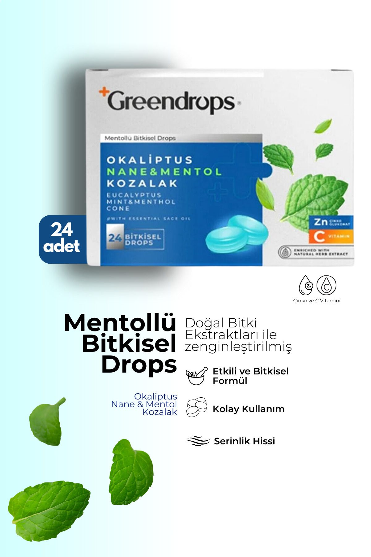 Bitkisel Drops Boğaz Pastili - Mentollü - Okaliptus, Nane&mentol Ve Kozalak