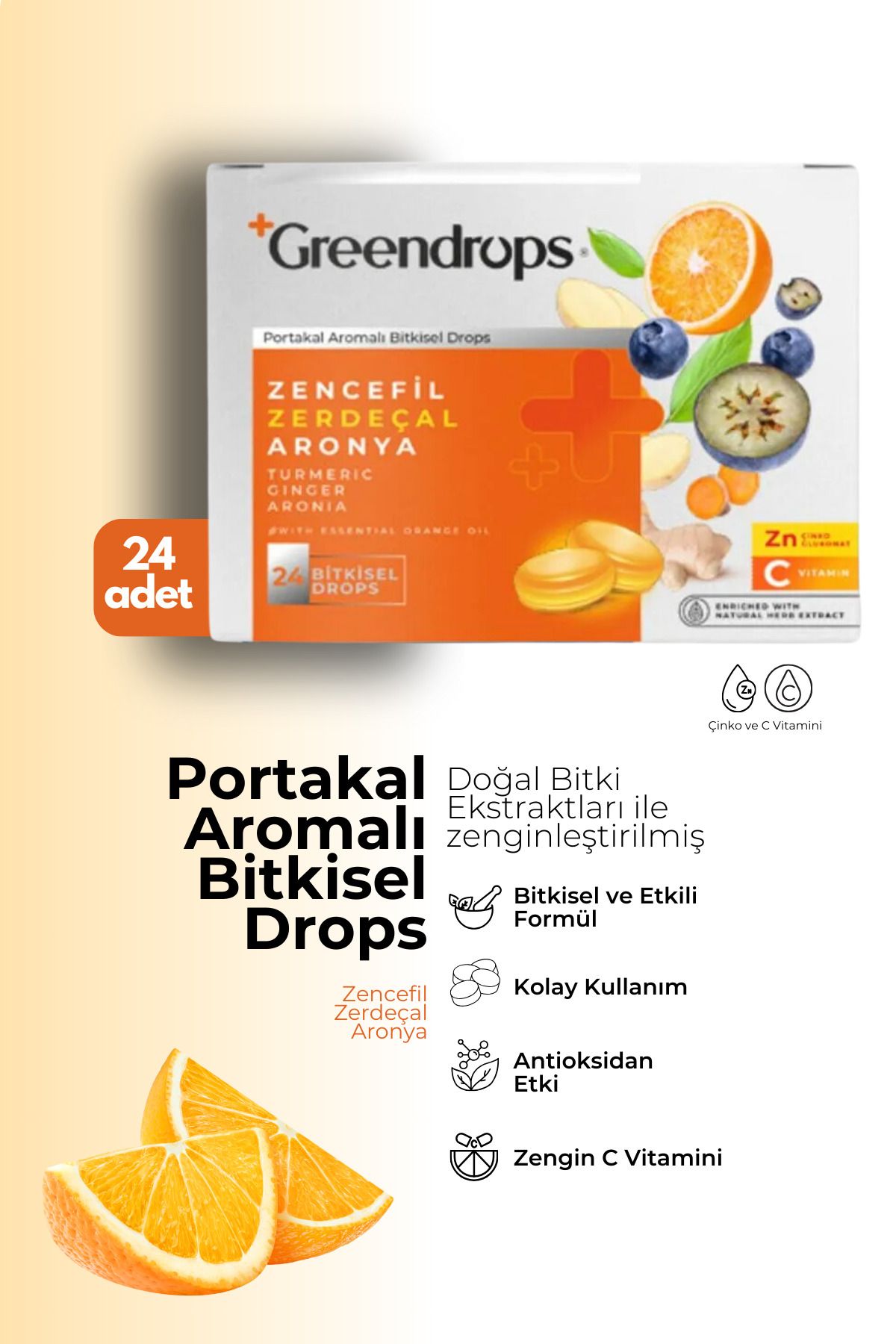 Bitkisel Drops Boğaz Pastili - Portakal Aromalı - Zencefil, Zerdeçal Ve Aronya