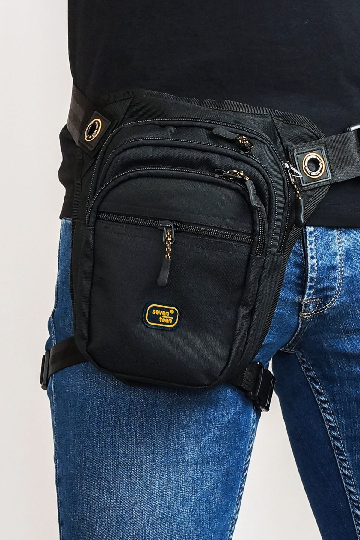 Çok Gözlü Su Geçirmez Unisex Siyah Bel Bacak Omuz Motosiklet Kurye Çantası Bodybag Sarı Siyah 4962