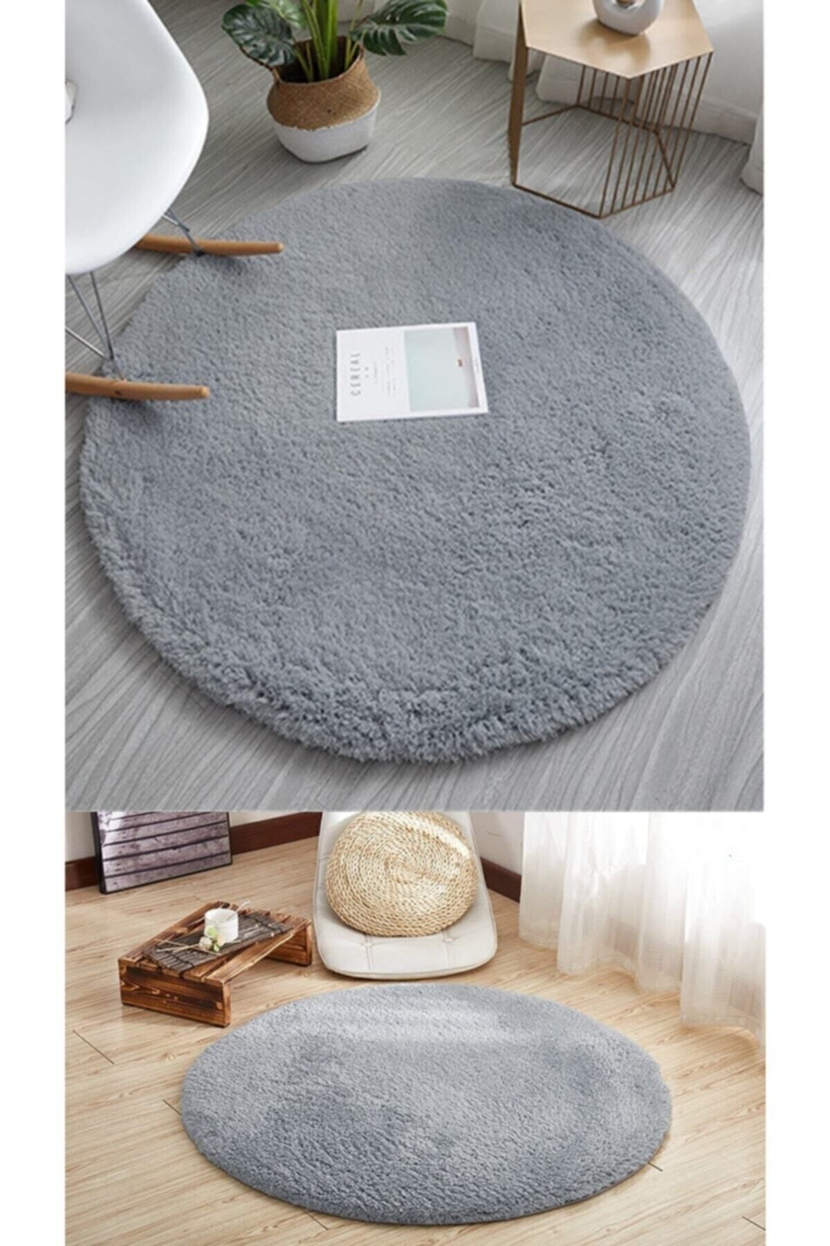 Sürpriz Ev Tekstil Yuvarlak Post Antrasit Gri Peluş Yıkanabilir Halı