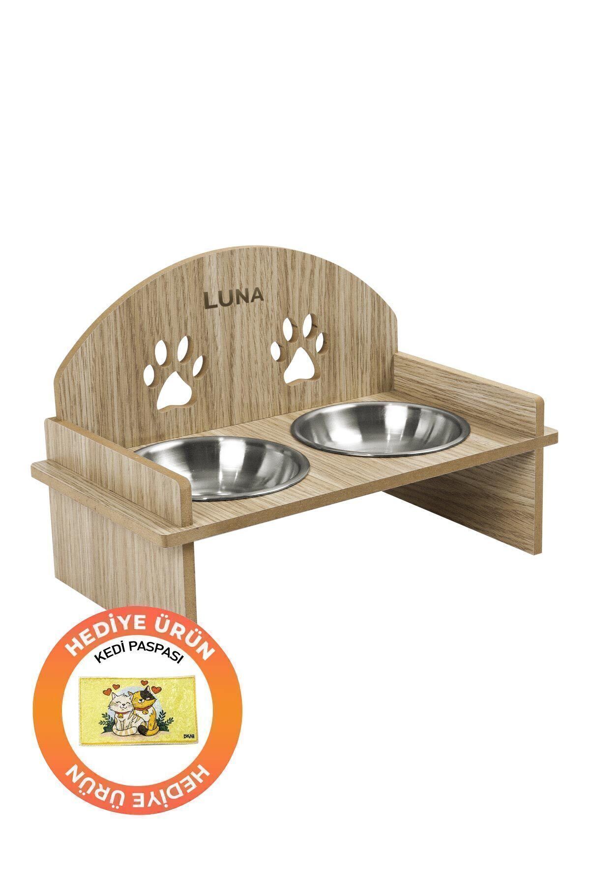 Ahşap Özel Isim Baskılı, Oval Kedi Köpek Mama Su Kabı Standı, Metal Suluk, Kedi Köpek Halısı