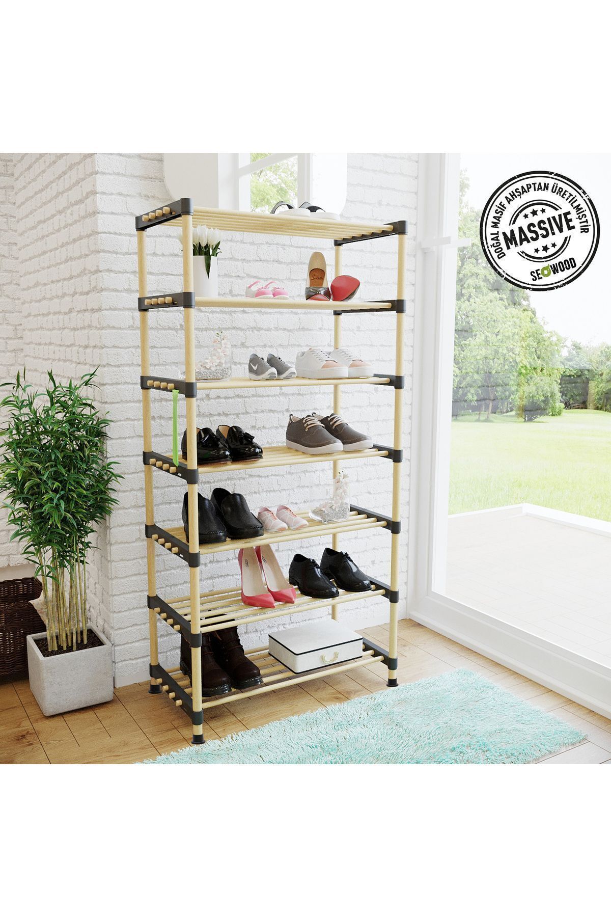 Ahşap 7 Katlı Ayakkabılık Çok Amaçlı Modüler Raf 57 Cm Genişlik