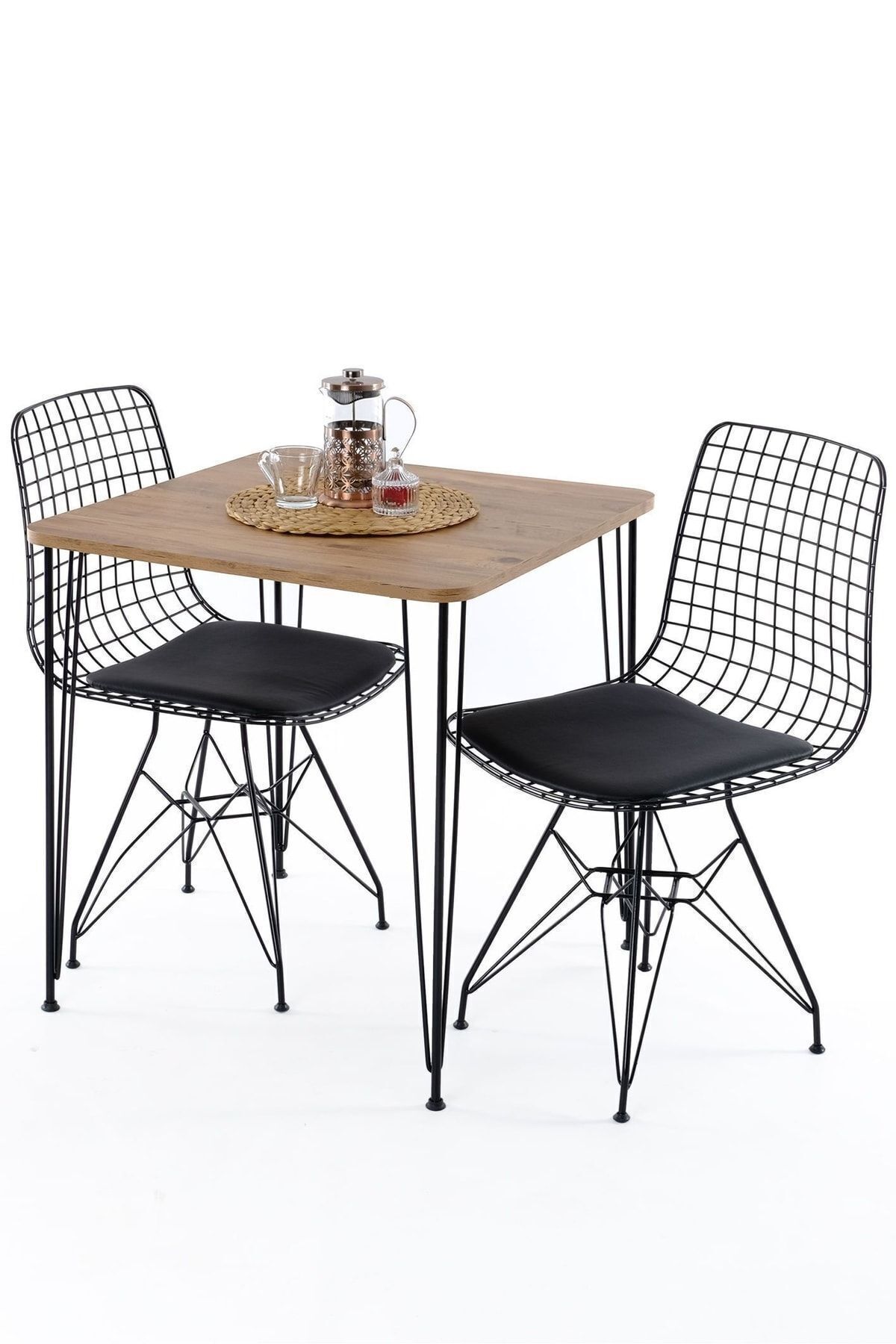 Deri Mutak Balkon Masası 2 Adet Tel Sandalye 70 x 70 Kahverengi 70 x 70 Retro Sabit Suntalam 1 Yıl